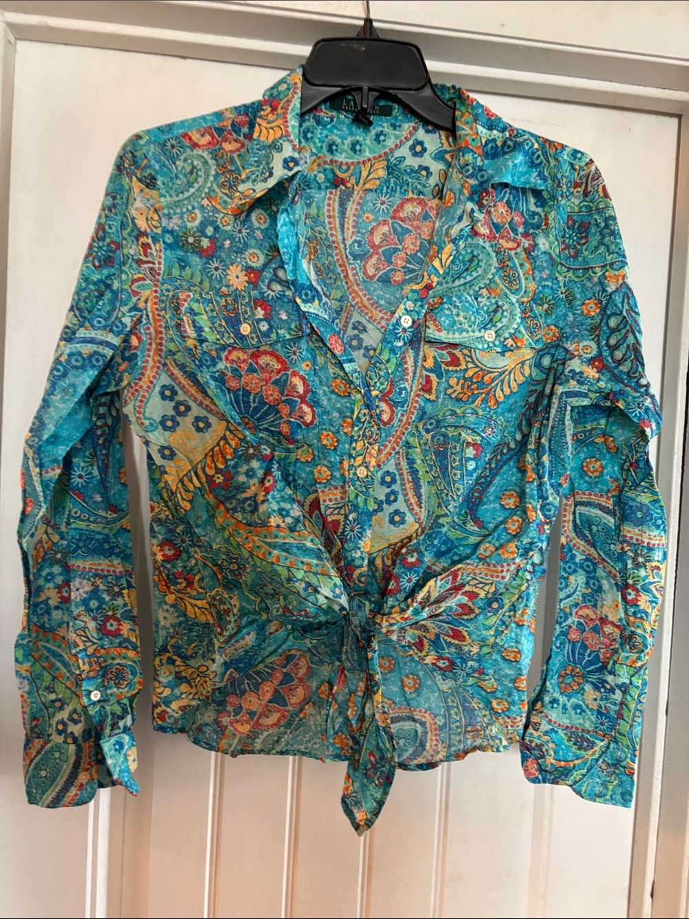 Lauren Ralph Lauren Teal Multicolor Paisley Tie-Front Button-Down Shirt